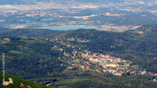 A view of Karpacz from Sniezka in Polish Sudetes, in the background Sosnowka Lake in Jelenia Gora Valley