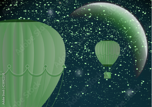 Large balloon on a dark night cosmic background with planets and bright stars. Fantasy. Vector illustration