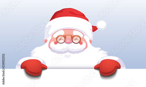 Santa Claus holding empty sign. Cute cartoon santa claus. Christmas concept. Vector stock. Blue background