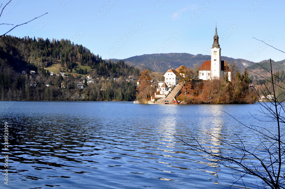 Amazing autumn View on Bled Lake, Slovenia, Europe, with St. Marys Church of Assumption on small island .