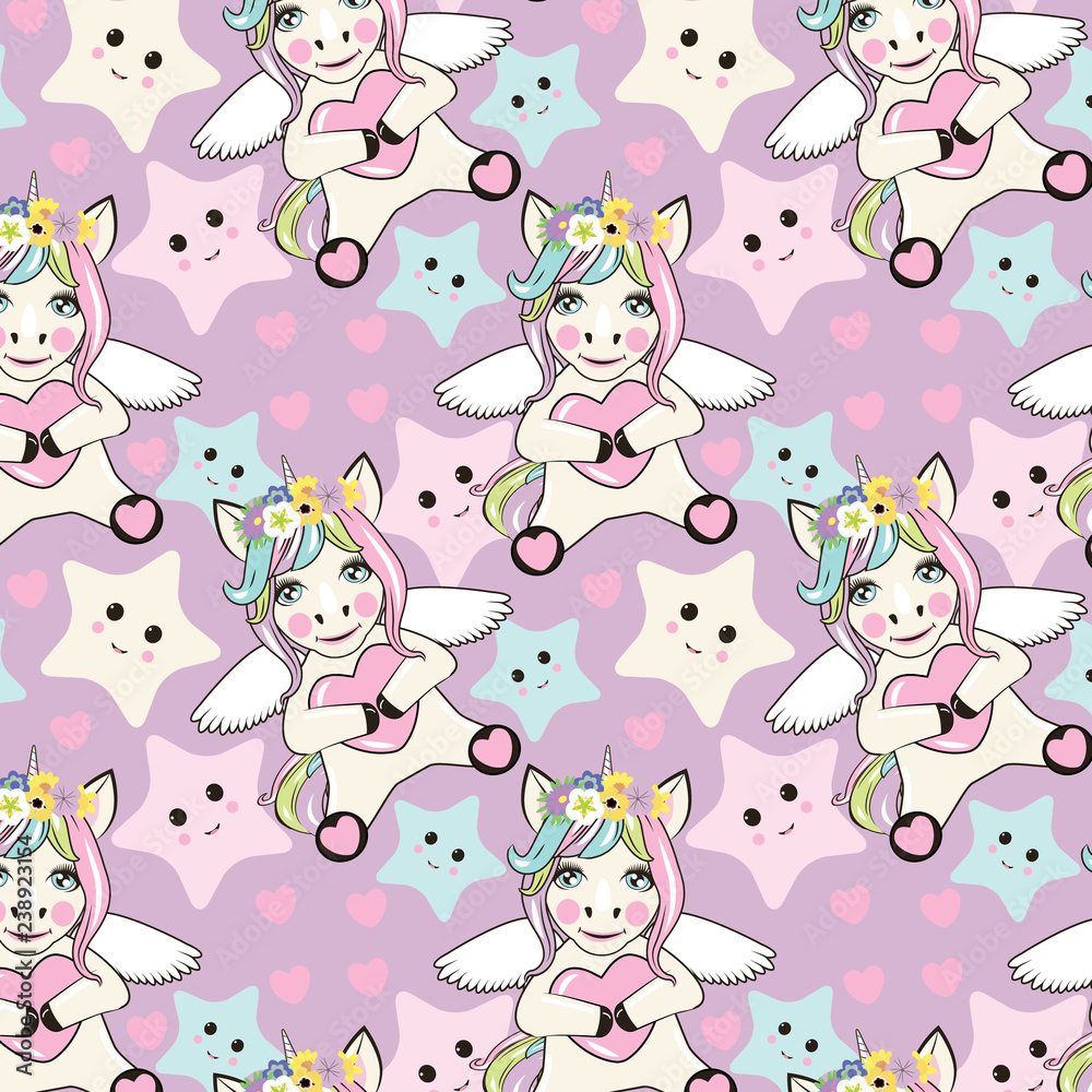 A pattern with small unicorns with wings on the background A pattern with small unicorns with wings on the background