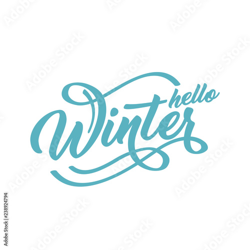 Hello Winter handlettering inscription. Green to blue text on a white background. Winter logos and emblems for invitation, greeting card, prints and posters. Calligraphic design.