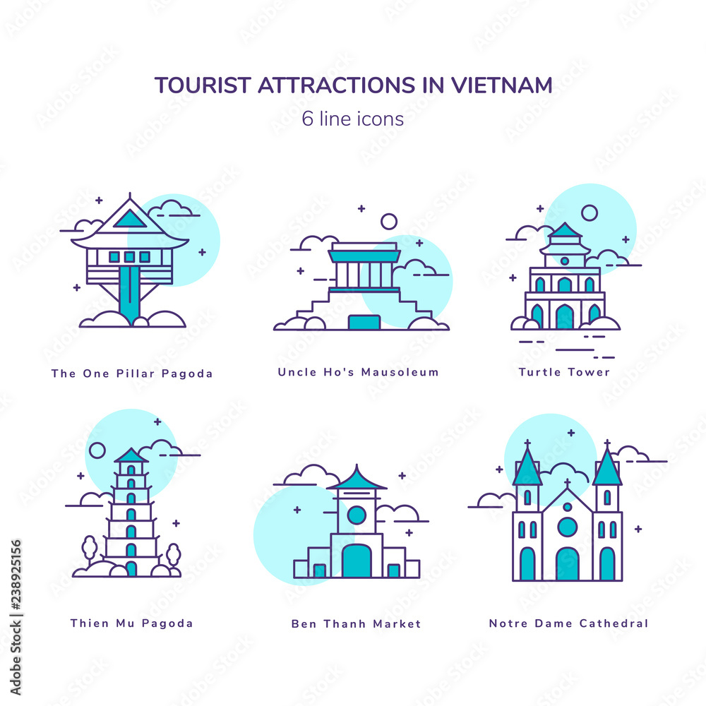 Vietnam tourist attractions - icon set