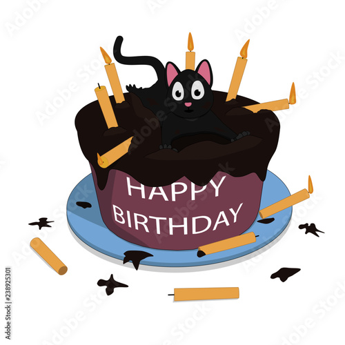 A cat on the cake wishes a happy birthday. Cute cat with a cake and candles.