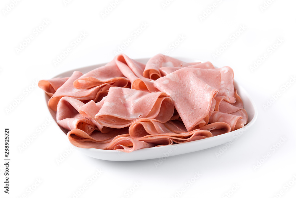 Mortadella slices on white plate isolated on white background Mortadella slices on white plate isolated on white background