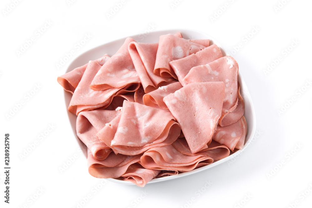Mortadella slices on white plate isolated on white background Mortadella slices on white plate isolated on white background