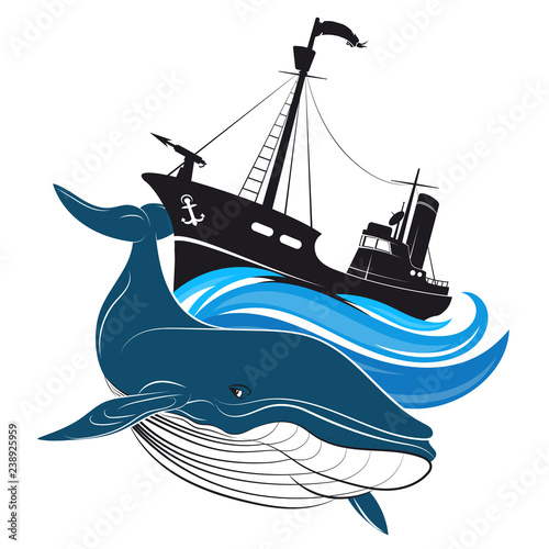 Whaler with harpoon and blue whale