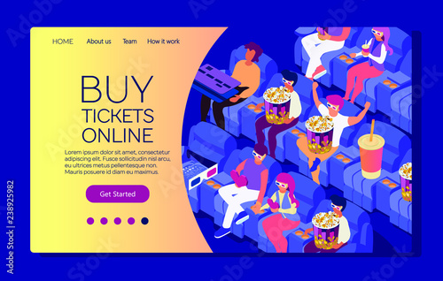 Web page design template for buying tickets to movie online. Peoples are sitting on cinema and watch 3d film. Couple in love, friends in movie theatre. Eating popcorn and drinking cola. 