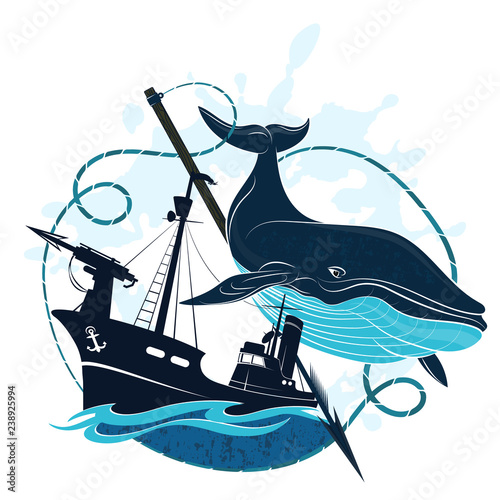 Whaler with harpoon and blue whale vector