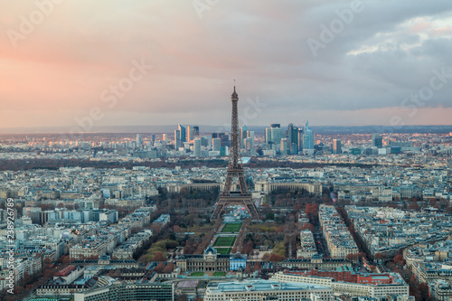 aerial view of the city of paris and the eiffel tower at sunset in france © MKavalenkau