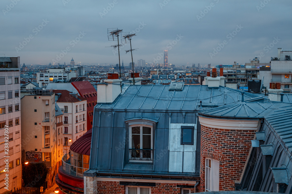 view of the rooftops of paris at sunrise