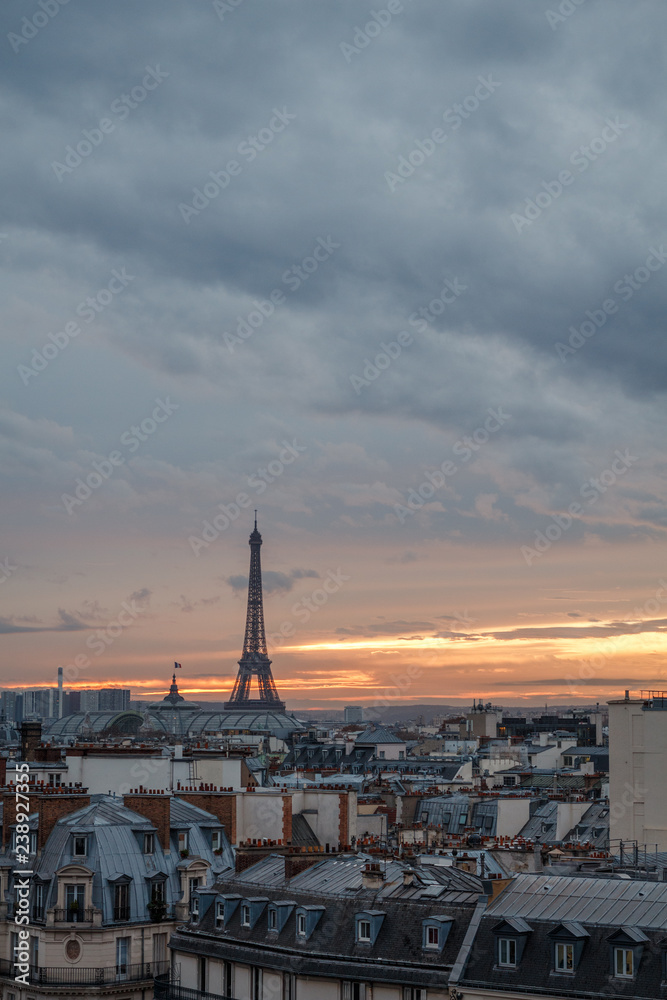 aerial view from the heights on paris and the eiffel tower at sunset