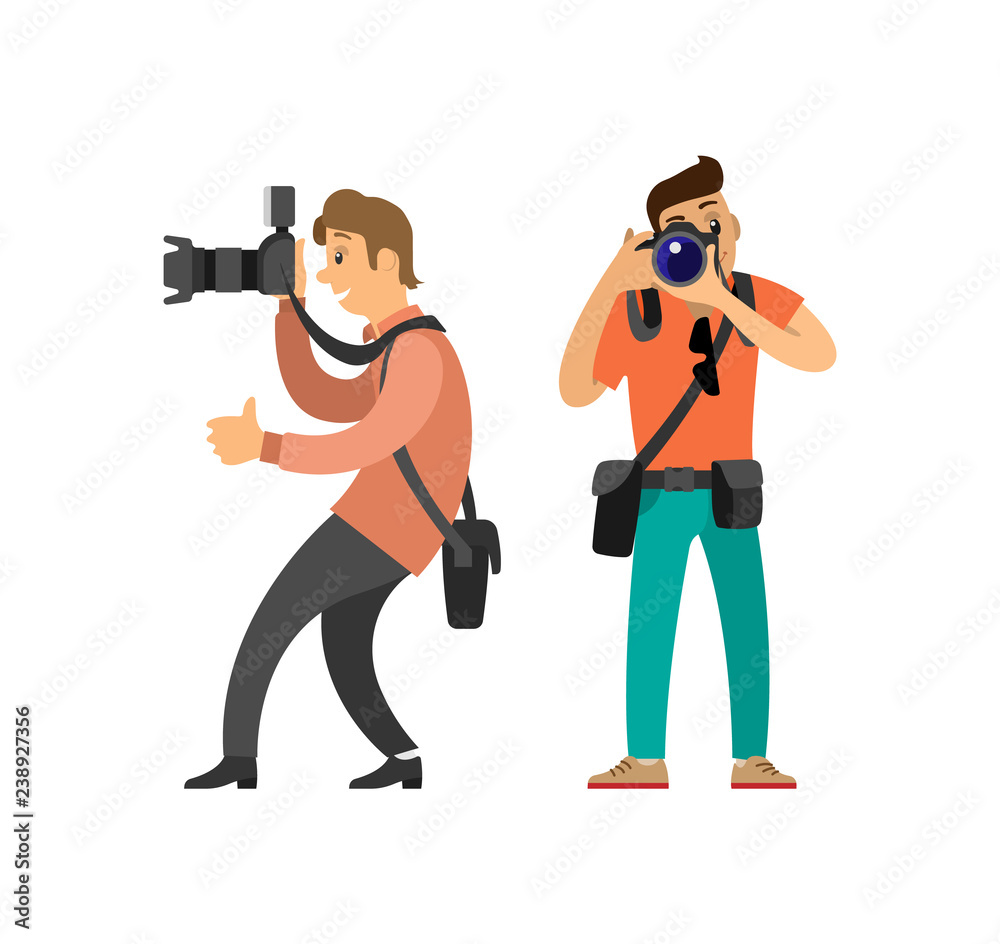 Paparazzi Journalist Making Photos on Cameras - obrazy, fototapety, plakaty 