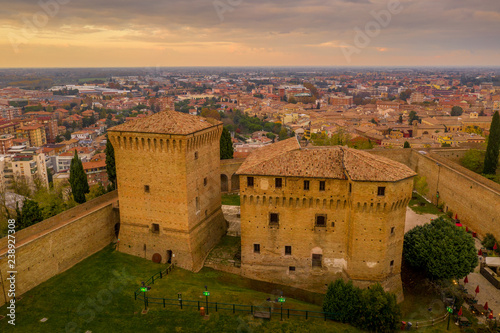 Afternoon aerial panorama of Cesena in Emilia Romagna Italy near Forli and Rimini, with medieval Gothic Malatestiana castle, Piazza del Popolo