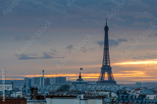 aerial view from the heights on paris and the eiffel tower at sunset