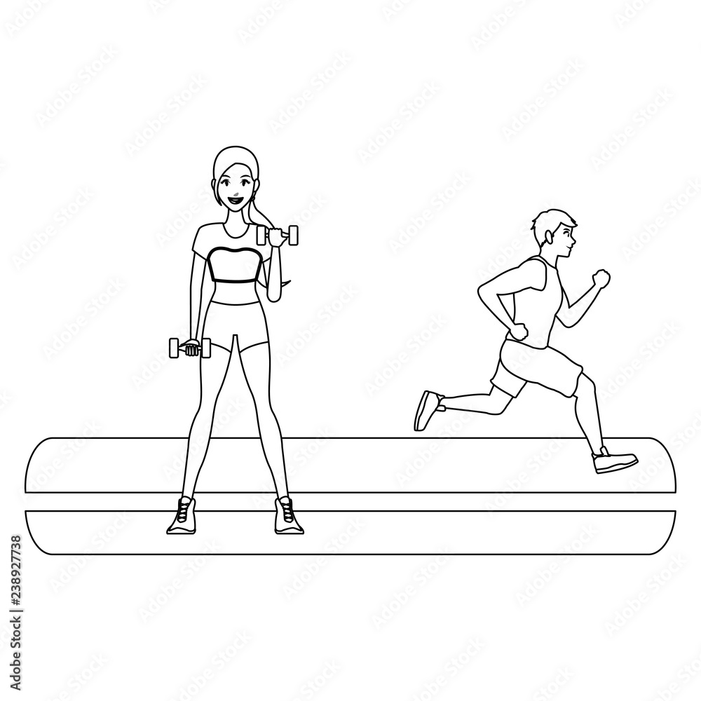 fitness woman lifting dumbbells and man running in black and white fitness woman lifting dumbbells and man running in black and white
