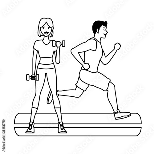 fitness woman lifting dumbbells and man running in black and white