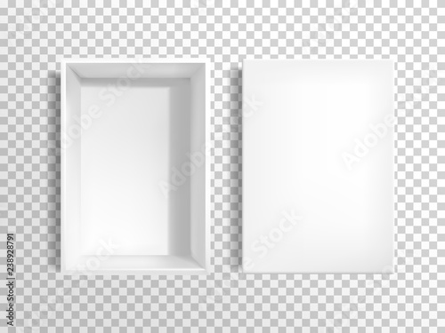 Opened, blank white, rectangular, empty cardboard box with removed lid, top view 3d realistic vector template isolated on transparent background. Product packaging, container for parcels mockup