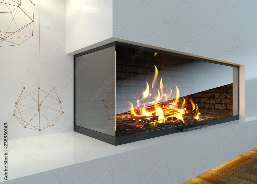 Modern glass corner fireplace in the interior - obrazy, fototapety, plakaty 