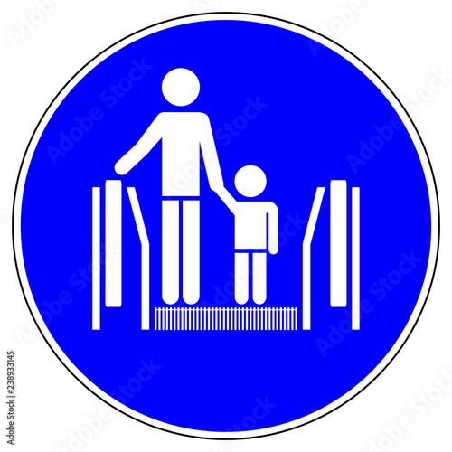 ssne3 SafetySignNewEscalator ssne shas549 SignHealthAndSafety shas - german Gebotszeichen: Rolltreppe - Kinder an die Hand nehmen - english - escalator - children are to be supervised by adults g6858