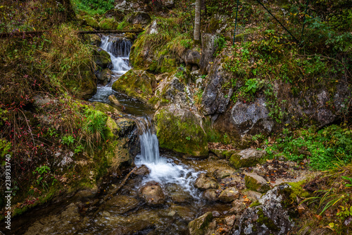 Cascade falls over mossy rocks at Myrafalle  near Muggendorf in Lower Austria