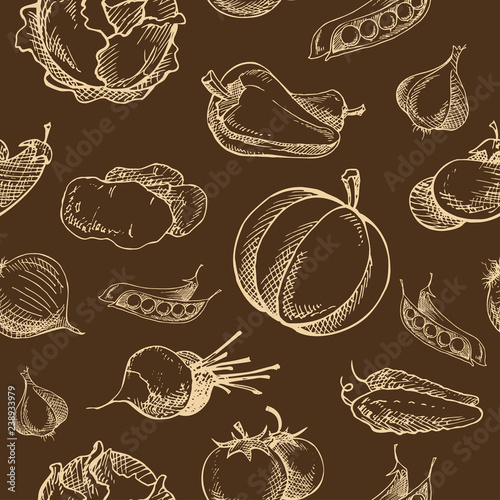 Vector seamless pattern of hand drawn fresh vegetables.