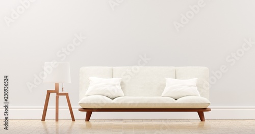 The interior has a White sofa on empty white wall background, Minimal Rustic, 3D rendering