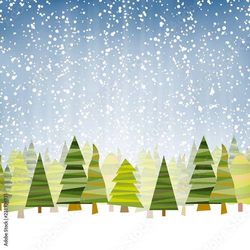 firs with blue snow fall background
