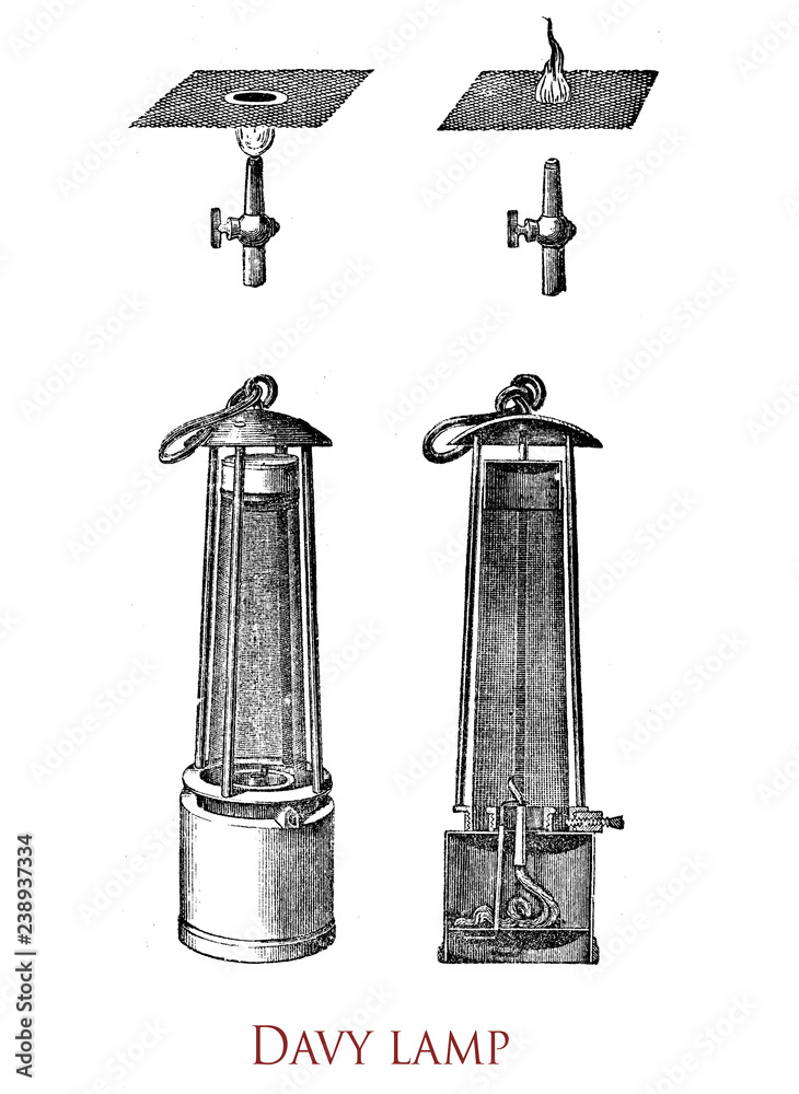 Illustrazione Stock Davy lamp, safety lamp for use in flammable atmospheres  like coal mines, invented in 1815 by Sir Humphry Davy. It consists of a  wick lamp with the flame enclosed inside