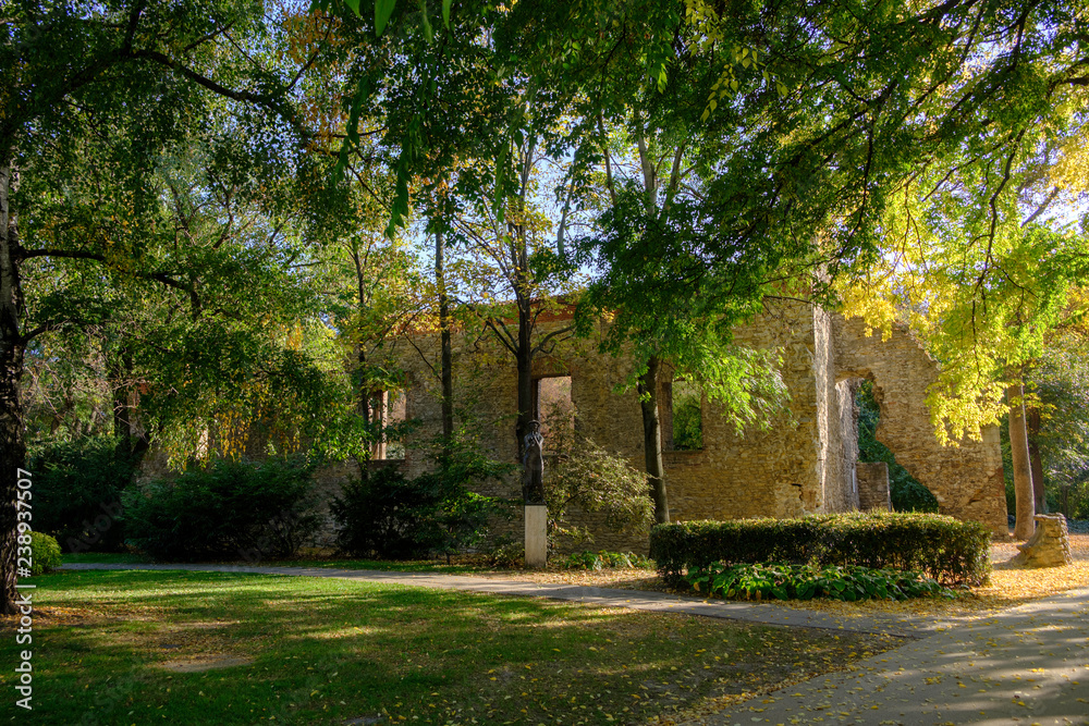 Scenic view of ruins of old monastery building among trees in Margaret island  in capital of Hungary Budapest