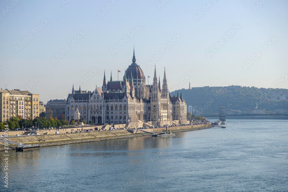 Scenic view of Hungarian parliament in ancient historic tourist city Budapest in daylight light in Hungary