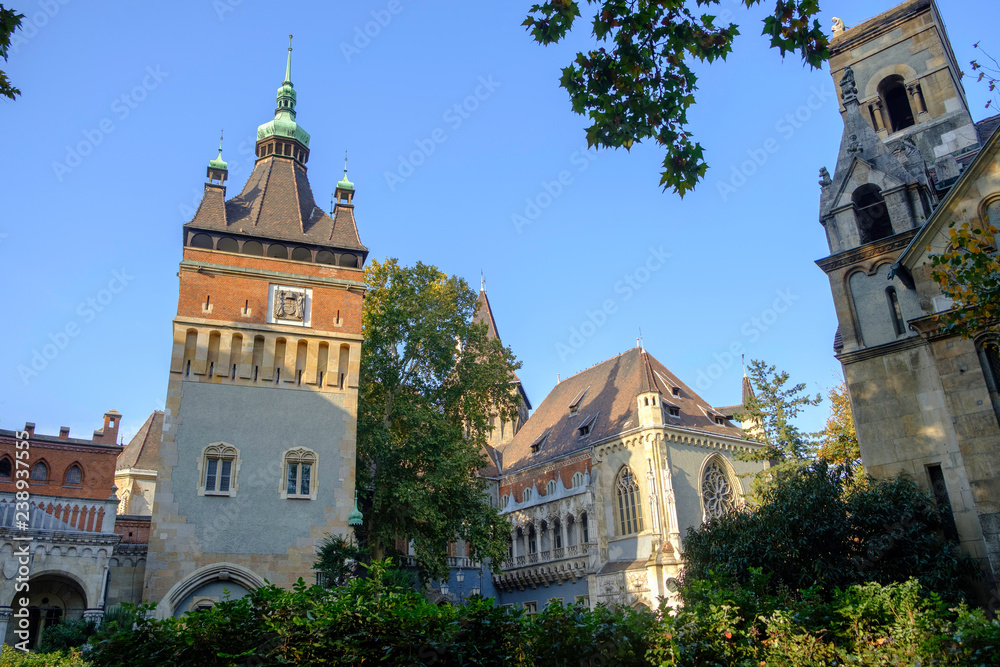 Scenic view of Vajdahunyad Castle in Varosliget park in the historic center of capital of Hungary Budapest