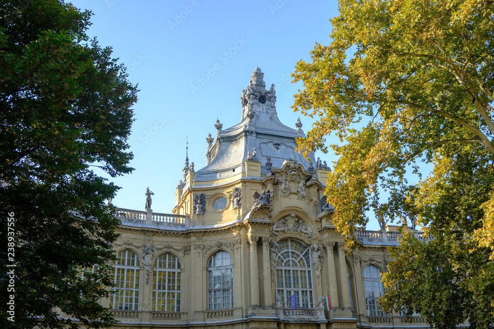 Scenic view of Vajdahunyad Castle in Varosliget park in the historic center of capital of Hungary Budapest
