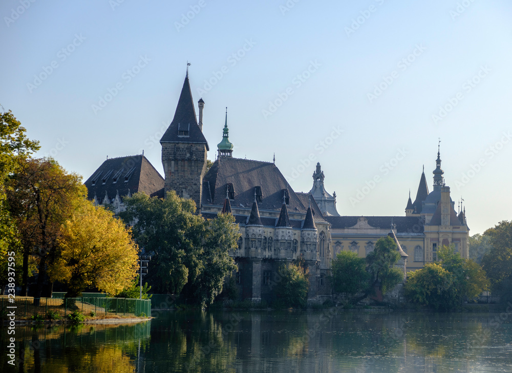 Scenic view of Vajdahunyad Castle in Varosliget park in the historic center of capital of Hungary Budapest