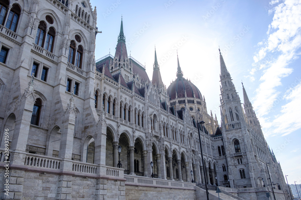 Scenic view of Hungarian parliament in ancient historic tourist city Budapest in daylight light in Hungary