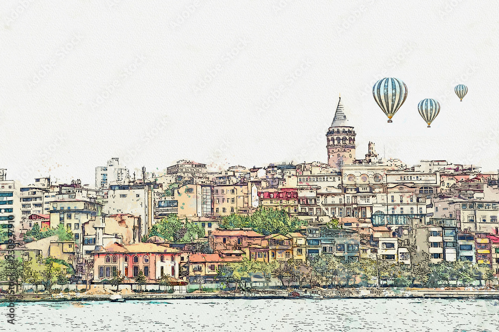 Obraz premium A watercolor sketch or illustration of a beautiful view of the traditional architecture in Istanbul, Turkey.