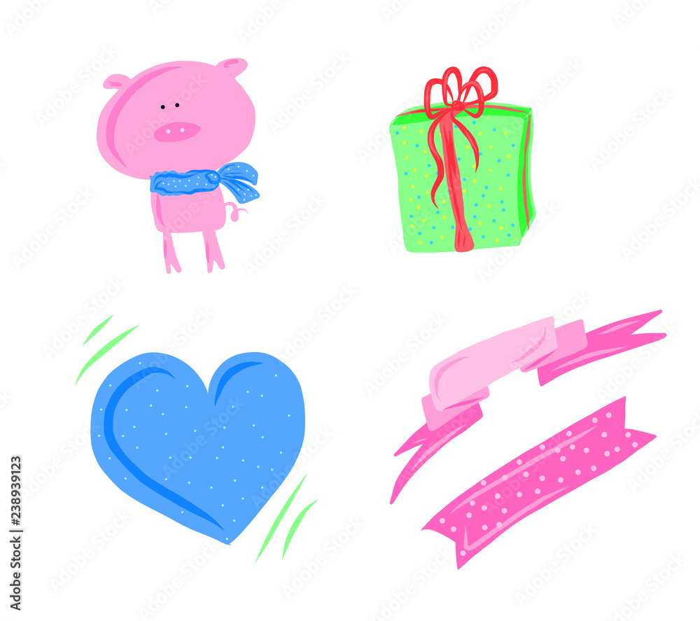 Pink pig, blue heart and gift with lines backgrounds isolated on white - digital painting for Happy new year 2019 Pink pig, blue heart and gift with lines backgrounds isolated on white - digital painting for Happy new year 2019