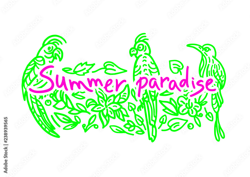 Vector summer lettering Tropical birds and green plants Ornate symbol