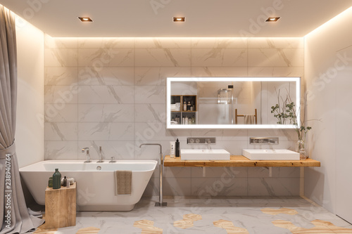 Interior design of a bathroom, 3d illustration in a Scandinavian s