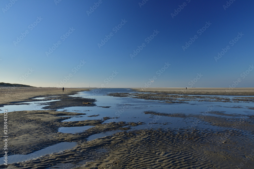 Piaszczysta plaża podczas odpływu pod bezchmurnym niebieskim niebem. Piaszczysta plaża podczas odpływu pod bezchmurnym niebieskim niebem.