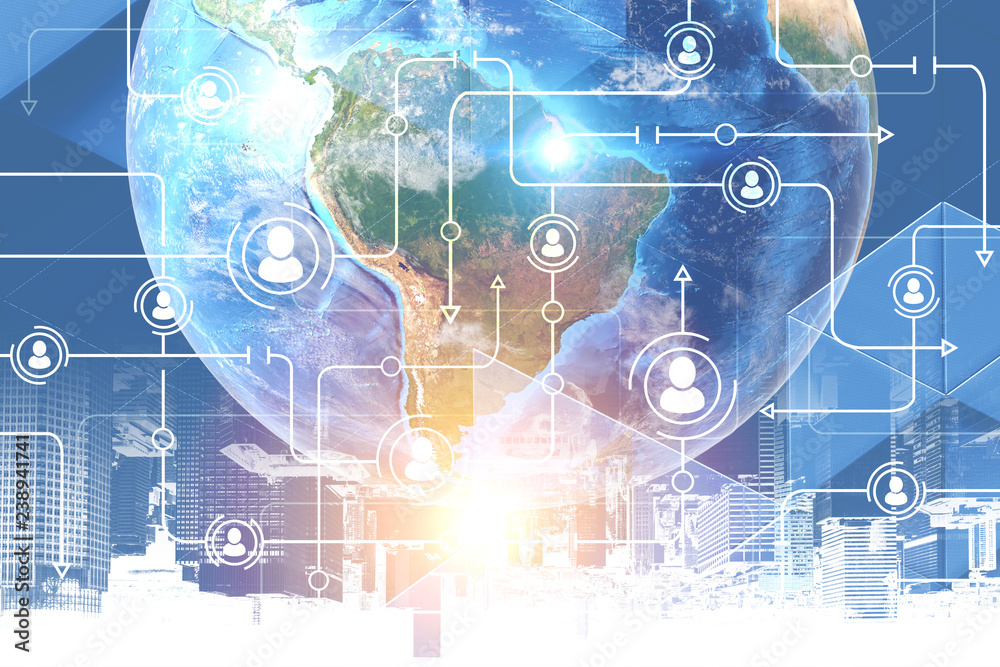 Naklejka premium White people network icons in city, Earth
