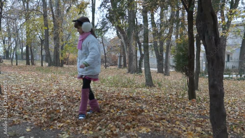 a little girl walks in the park in the autumn a little girl walks in the park in the autumn