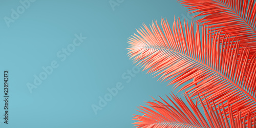 Living Coral color of the Year 2019. Background with palm in trendy color