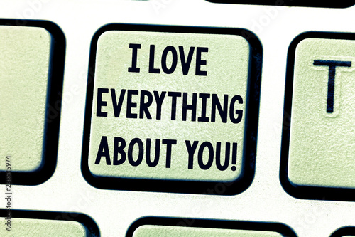 Text sign showing I Love Everything About You. Conceptual photo Expressing roanalysistic feelings and emotions Keyboard key Intention to create computer message pressing keypad idea photo