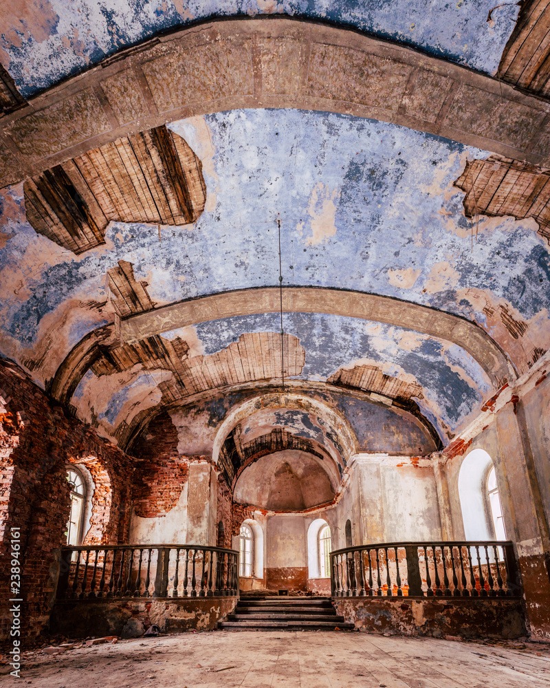 Inside Interior of an old Abandoned Church in Latvia, Galgauska - light Shining Through the Windows