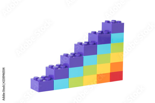 Colorful rainbow colored ascending stacks made of toy building bricks  isolated on white background.