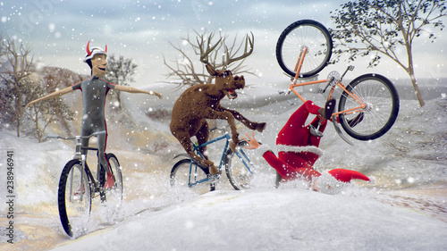 Funny Lame and Bad Santa Claus on bicycle with friend reindeer on a racing. Merry Christmas and Happy New Year. Saint Nicholas day. Mannequin Challenge. 3D rendering. Copy space Champion Cup concept. © radfx