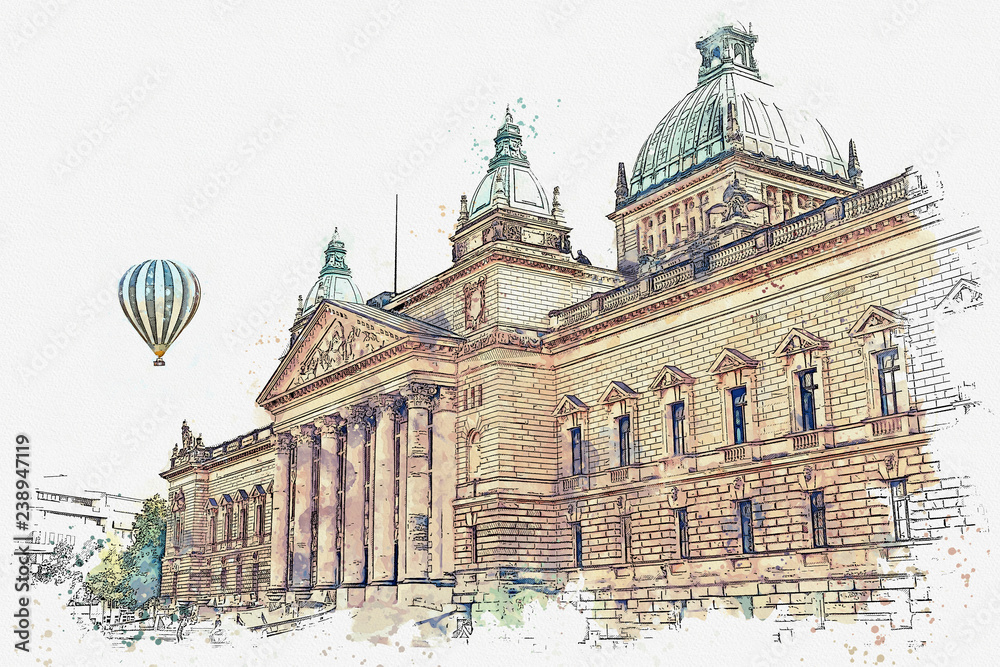 Watercolor sketch or illustration of traditional European ancient architecture in Leipzig in Germany. Hot air balloon flies in the sky.