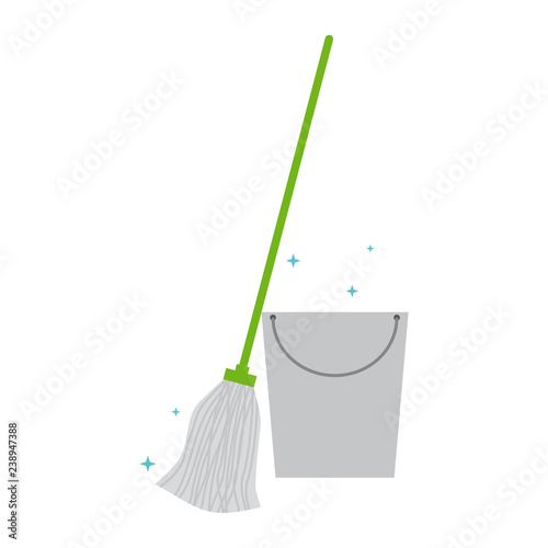Mop and bucket. Cleaning service. Vector broom.