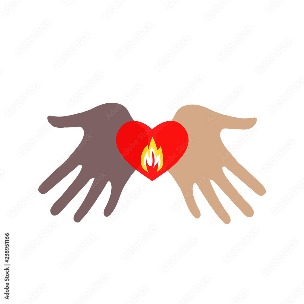 Obraz premium Two hands of different skin colors holding a burning heart.
